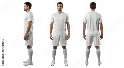 Male Soccer Player in White Uniform from Three Angles.