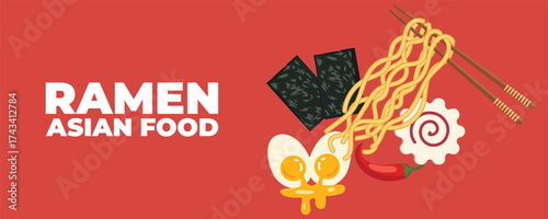 Ramen soup with chopsticks — Asian and Japanese cuisine banner. Perfect for restaurant branding, advertising, menu design, and marketing materials
