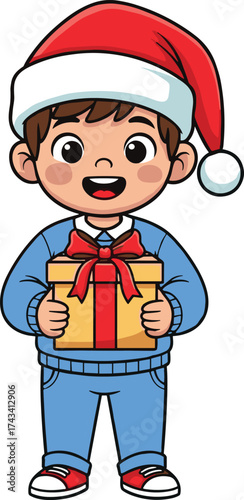 Cute cartoon boy wearing Santa hat holding Christmas gift box, happy holiday child illustration, festive winter celebration artwork, smiling present giver