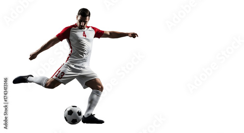 Soccer player in action kicking the ball with intensity.