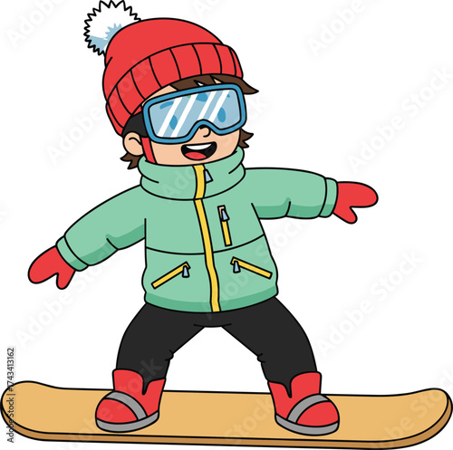 Happy cartoon boy snowboarding in winter, wearing red hat, goggles, green jacket, enjoying outdoor fun, cold weather sport illustration