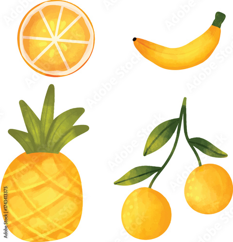 Collection of watercolor illustrations featuring tropical fruits, straw bag, hat, and beach accessories. Suitable for travel blogs, print designs, and summer greeting cards.