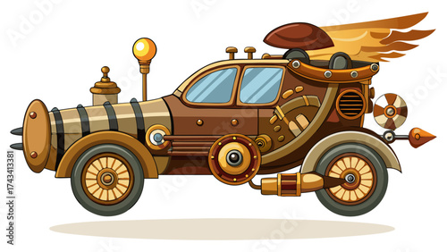 Steampunk flying car with brass gears, leather seats, and steam engine exhaust, vector artwork, white background, perfect for fantasy invention, retro future, and imaginative mechanical world design.
