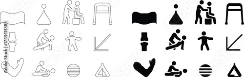 Physical Therapy Icon set, Rehabilitation, Exercise, Massage, Recovery, Muscle Strength, Fitness, Health, Medical Treatment, and Wellness Care Symbols in Modern Vector Style, used for web page mobile