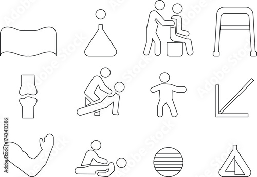Physical Therapy Icon set, Rehabilitation, Exercise, Massage, Recovery, Muscle Strength, Fitness, Health, Medical Treatment, and Wellness Care Symbols in Modern Vector Style, used for web page mobile