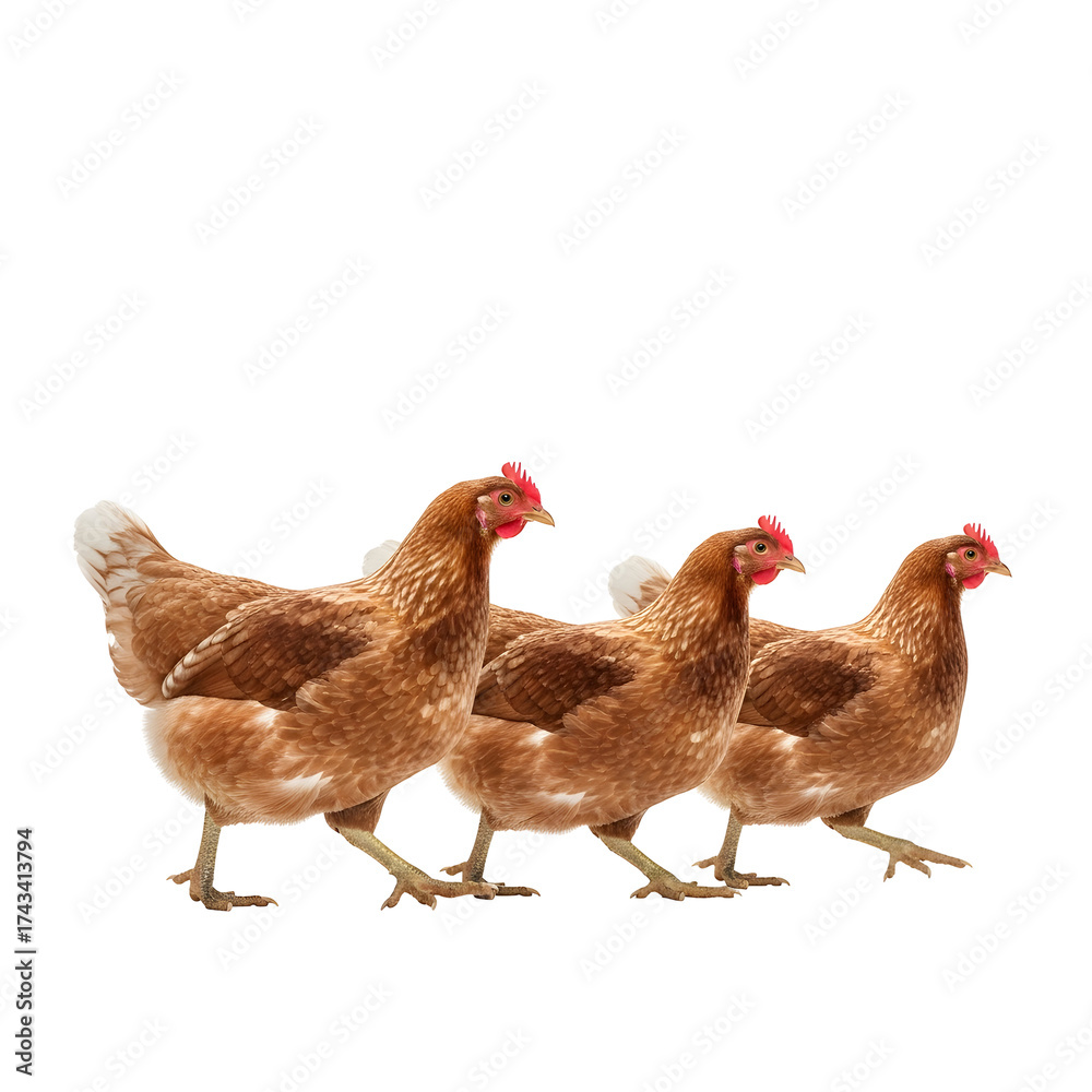 Fototapeta premium Three brown chickens walking side by side on a white background.