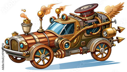 Steampunk flying car with brass gears, leather seats, and steam engine exhaust, vector artwork, white background, perfect for fantasy invention, retro future, and imaginative mechanical world design.