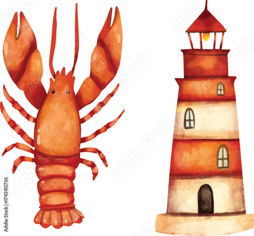 Whimsical watercolor painting of a red lobster and a seaside lighthouse. Ideal for coastal themes, seafood restaurant graphics, or nautical summer decor.