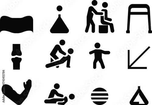 Physical Therapy Icon set, Rehabilitation, Exercise, Massage, Recovery, Muscle Strength, Fitness, Health, Medical Treatment, and Wellness Care Symbols in Modern Vector Style, used for web page mobile