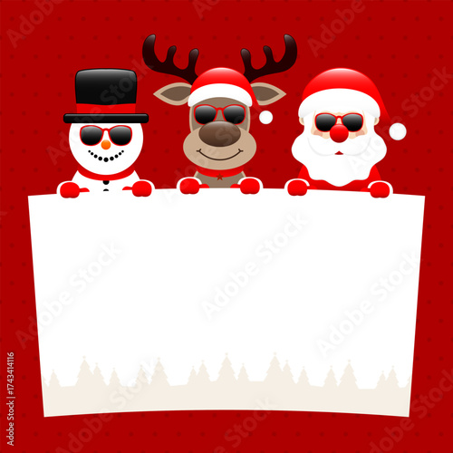 Schneemann Rentier Und Weihnachtsmann Mit Sonnenbrille Halten Schild Punkte Rot