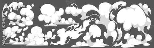 White smoke puffs with cloud and comic effects for cartoon action scenes. Dynamic steam bursts, explosion puffs and motion trails for manga panels. Stylized vapor shapes for graphic backgrounds.
