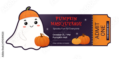 Spooky Halloween ticket design with ghost and pumpkins