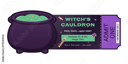 Spooky Halloween ticket design with witch cauldron and candies