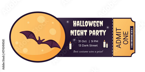 Halloween night party ticket design with bat and moon