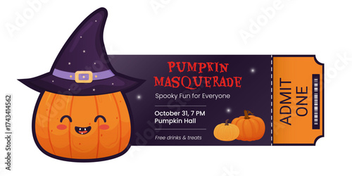 Halloween ticket design with pumpkin and witch hat