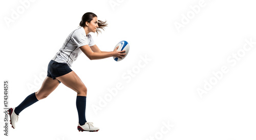 Woman Rugby Player Running with Ball in Action Shot.