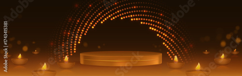Golden podium with Diwali lantern flames and dotted arch backdrop for festive product display. Candles surrounding cylindrical platform with glowing decorative elements. Traditional celebration scene