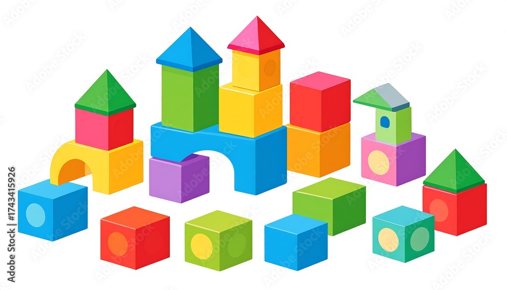 Fototapeta premium A playful arrangement of colorful geometric building blocks, creating small castle-like formations on a white background