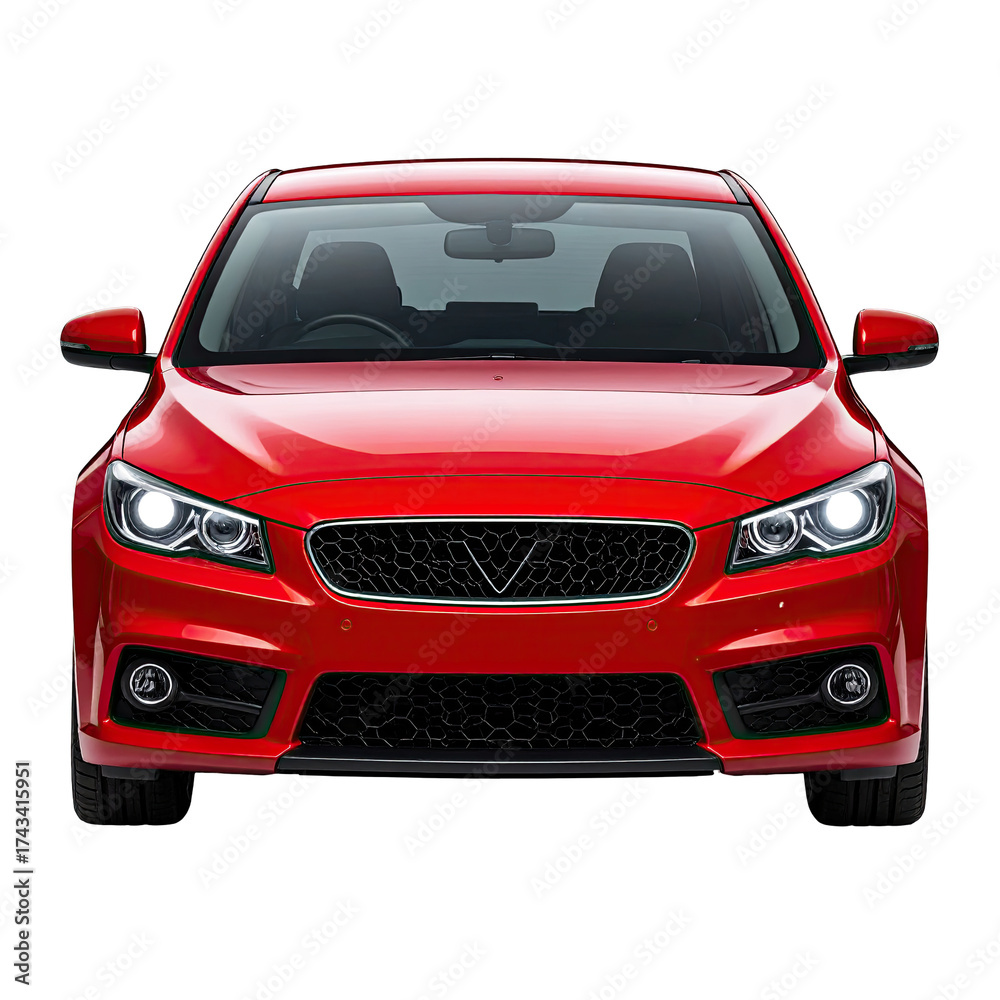 Naklejka premium Front view of a vibrant red, modern sedan with bright headlights, against a black background