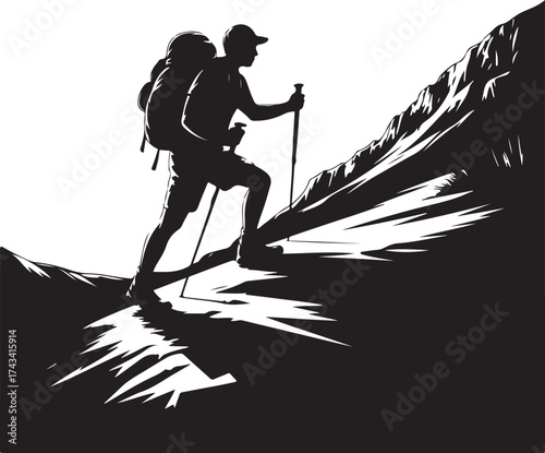 Hiker silhouette ascending mountain with backpack