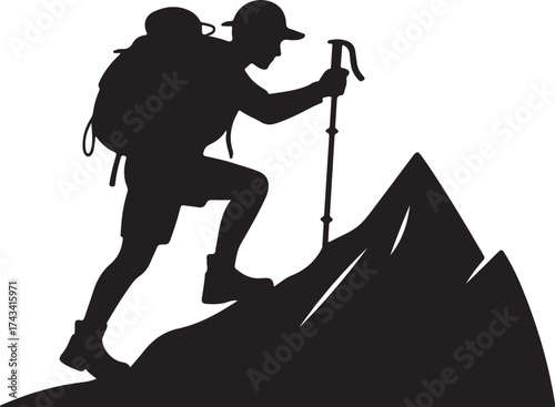 Hiker silhouette conquers mountain top adventure