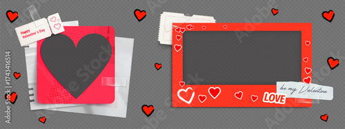 Romantic love collages with social frame templates for Valentine greetings post. Pink photo cutouts with hearts and handwritten notes for couples or relationship. Holiday borders for sharing memories.