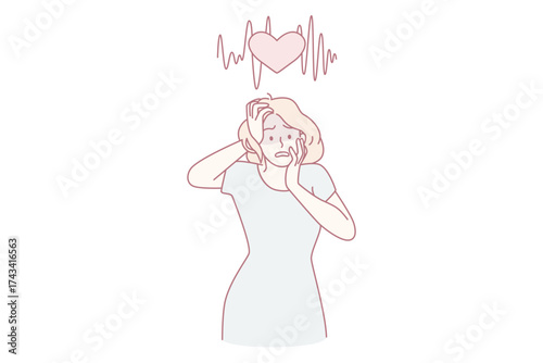 Feeing heart burn and panic concept. Young stressed shocked woman cartoon character standing touching face feeling panic vector illustration
