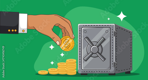 Wealth Management Icon Golden Safe and Coin Stack on Transparent Background
