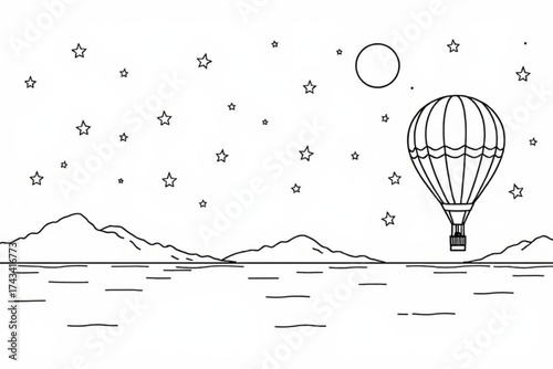 Minimilist line art of hot air balloon over water with mountains stars and moon in the night sky scenery drawing vector