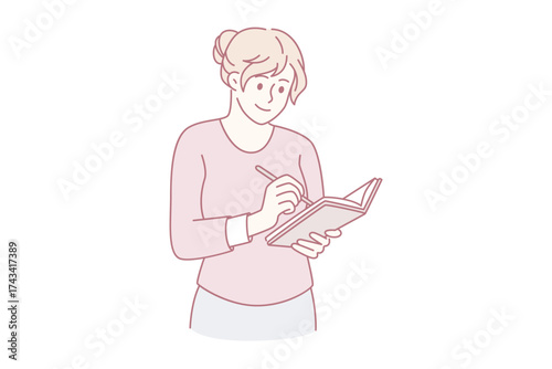 Making notes and writing diary concept. Young smiling woman cartoon character standing making notes in her diary vector illustration