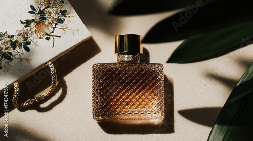 Elegant perfume bottle beside a decorative bag amidst lush greenery for a stylish shopping experience