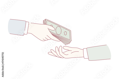 Financial crime and bribe concept. Human hands giving and taking money bribe doing corruption over blue background vector illustration