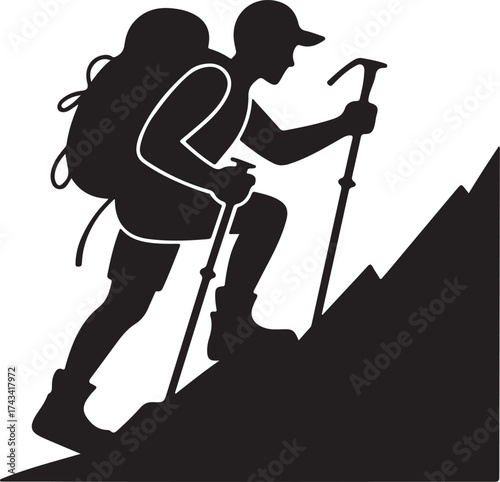 Hiker climbs mountain with backpack and trekking poles