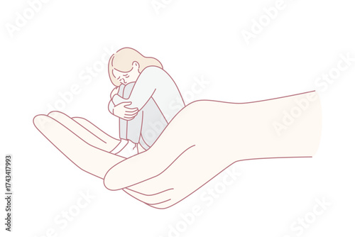 Helping hand and depression concept. Huge human hand holding tiny sitting depressed unhappy sad woman over grey background vector illustration