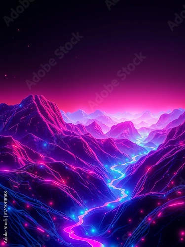 A vibrant neon landscape showcases majestic purple mountains and a glowing blue river winding through the valleys under a dark and starlit magenta sky above.