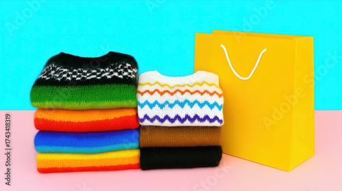 Wallpaper Mural Colorful sweaters stacked beside a yellow shopping bag in a bright, cheerful setting Torontodigital.ca