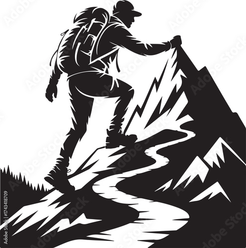 Hiker silhouette conquering mountain peak pathway