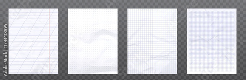 Notebook paper grid patterns on transparent bg - lined, dotted and squared sheet textures in white with blue guidelines. School and office stationery templates for educational or planning designs.