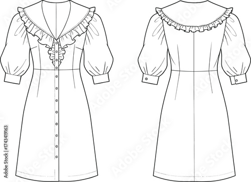 Elegant fashion dress flat sketch with ruffled collar, puff sleeves, button down front, technical garment drawing, vector illustration design