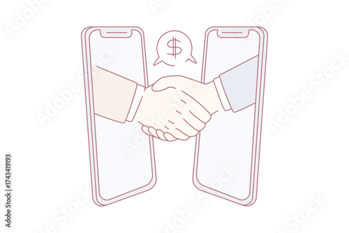 Online business deal and collaboration concept. hands of two businessmen partners making handshake after successful online deal vector illustration