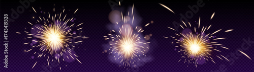 Golden spark weld flashes with bright rays and particles for industrial or celebration design. Glowing bursts with bokeh effects on transparent background. Metalworking graphics for manufacturing.