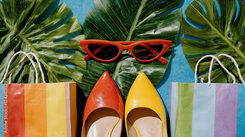 Wallpaper Mural Bright summer sale with stylish shoes and colorful shopping bags against tropical leaves Torontodigital.ca