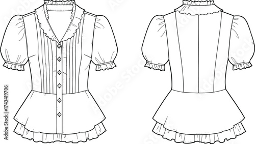 Women blouse flat fashion sketch, puff sleeve technical drawing, ruffled peplum design, button down pintuck detail, apparel CAD template vector illustration