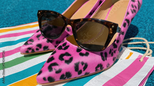 Wallpaper Mural Shopping for trendy summer accessories with stylish shoes and sunglasses on colorful background Torontodigital.ca