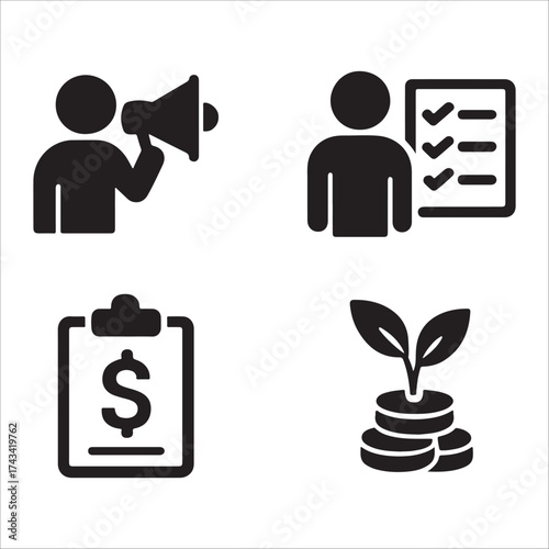 This image displays four simple black icons on a white background, arranged in a 2x2 grid. The icons represent different concepts: a person with a megaphone 