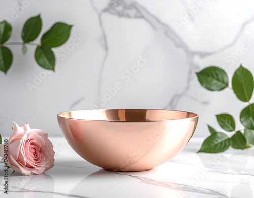 Rose, copper bowl, marble backdrop