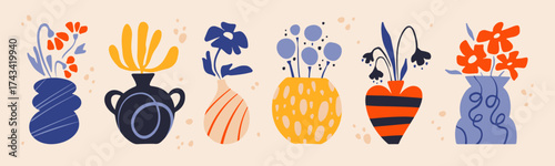 Doodle style vase set with flower arrangements for home decor and botanical illustrations. Colorful pottery containers with abstract blooms, striped patterns and hand drawn textures for greeting cards