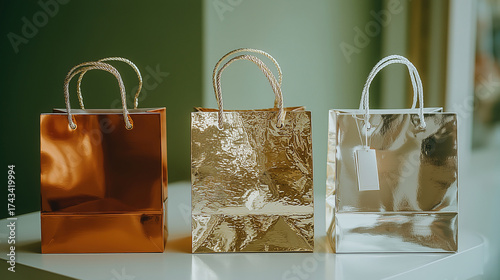 Wallpaper Mural Bright and shiny shopping bags on a display table during a seasonal sale in a modern retail store Torontodigital.ca