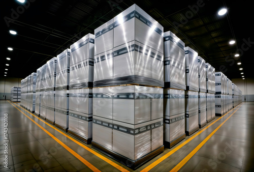 Palletized wrapped cartons stacked in rows inside a warehouse aisle.