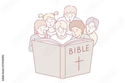Religious education and bible concept. Group of interested small kids children sitting and looking reading Bible all together vector illustration